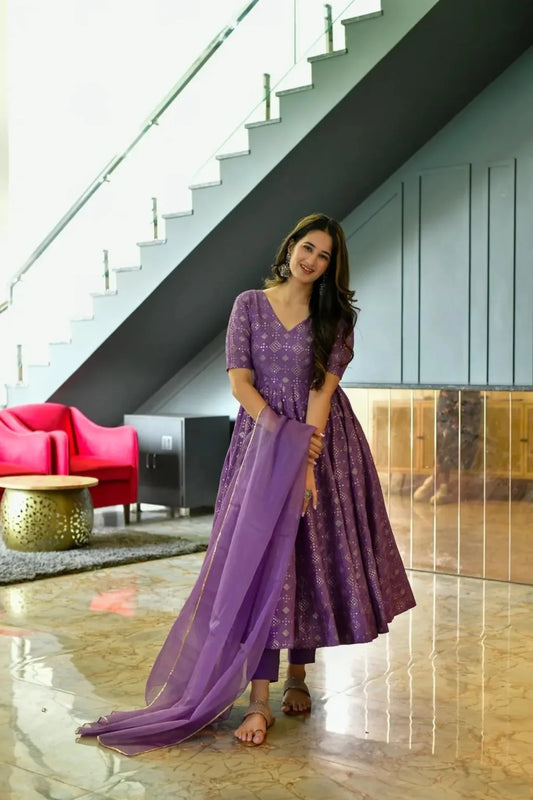 Purple Faux Georgette Printed Simple Diwali Anarkali Suit After Six Wear