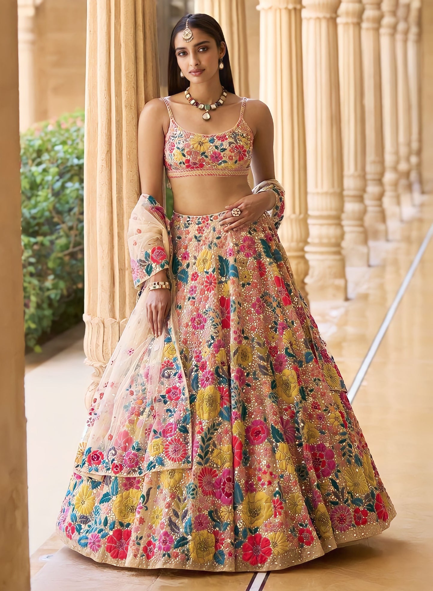 CHARMING MULTICOLORED THREAD AND SEQUINS EMBROIDRED GEORGETTE SEMI STITCHED LEHENGA CHOLI FOR BRIDE