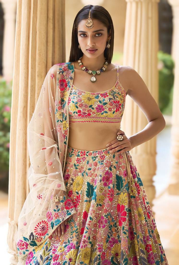 CHARMING MULTICOLORED THREAD AND SEQUINS EMBROIDRED GEORGETTE SEMI STITCHED LEHENGA CHOLI FOR BRIDE