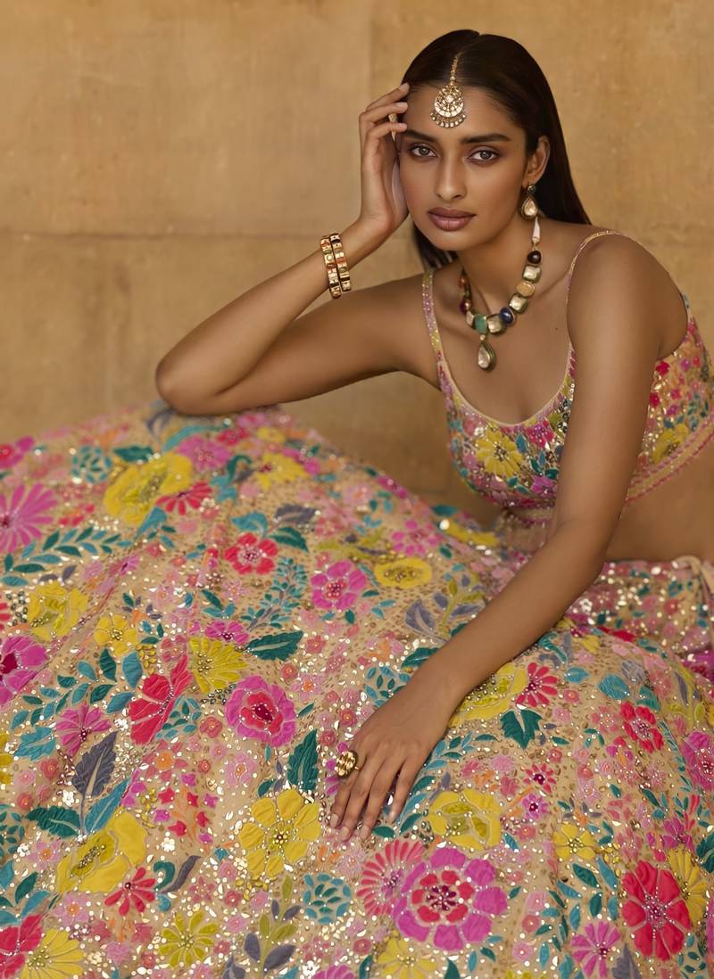 CHARMING MULTICOLORED THREAD AND SEQUINS EMBROIDRED GEORGETTE SEMI STITCHED LEHENGA CHOLI FOR BRIDE