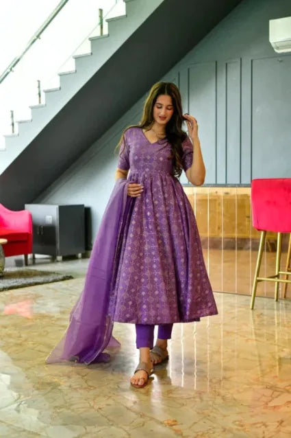 Purple Faux Georgette Printed Simple Diwali Anarkali Suit After Six Wear