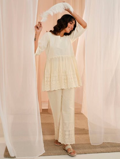 Off White Self Design Cotton Tunic With Palazzos