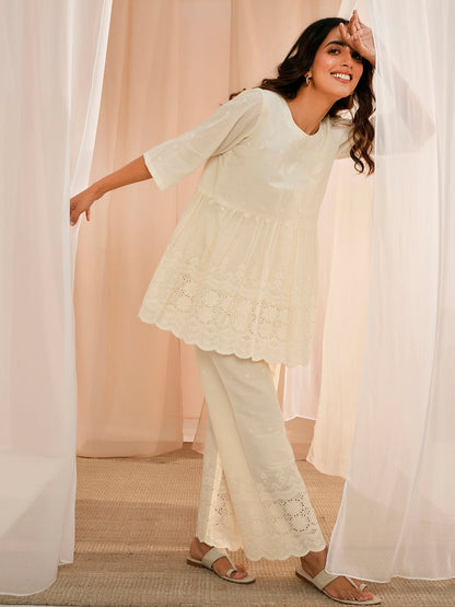 Off White Self Design Cotton Tunic With Palazzos