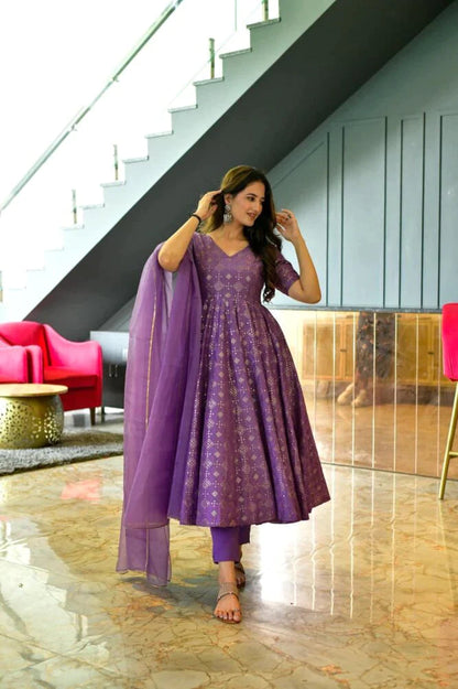 Purple Faux Georgette Printed Simple Diwali Anarkali Suit After Six Wear