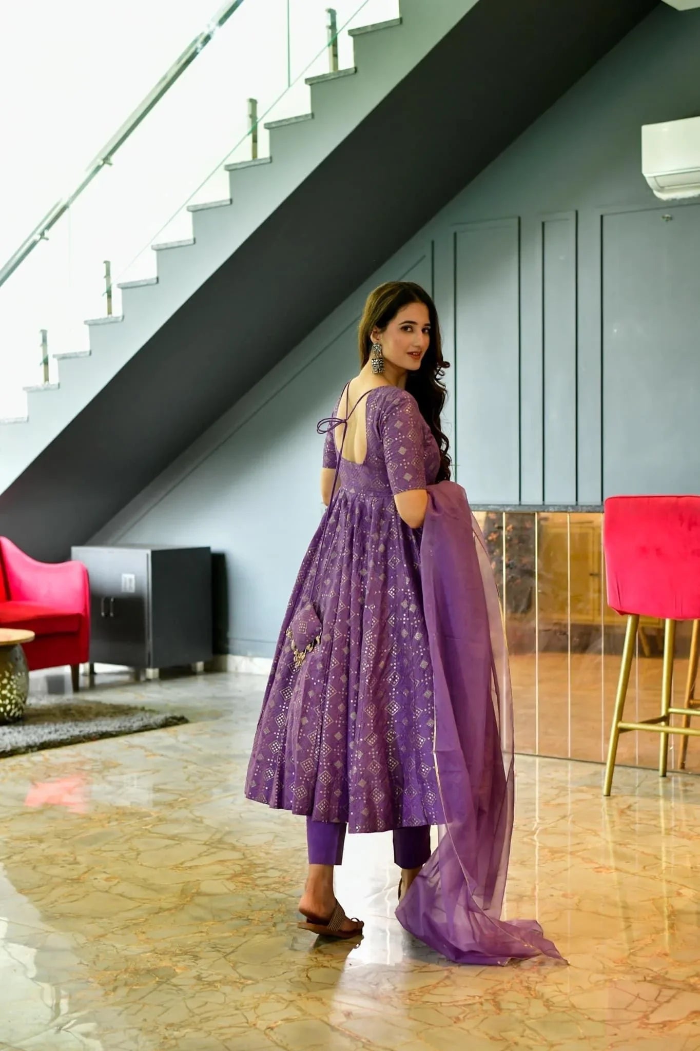 Purple Faux Georgette Printed Simple Diwali Anarkali Suit After Six Wear