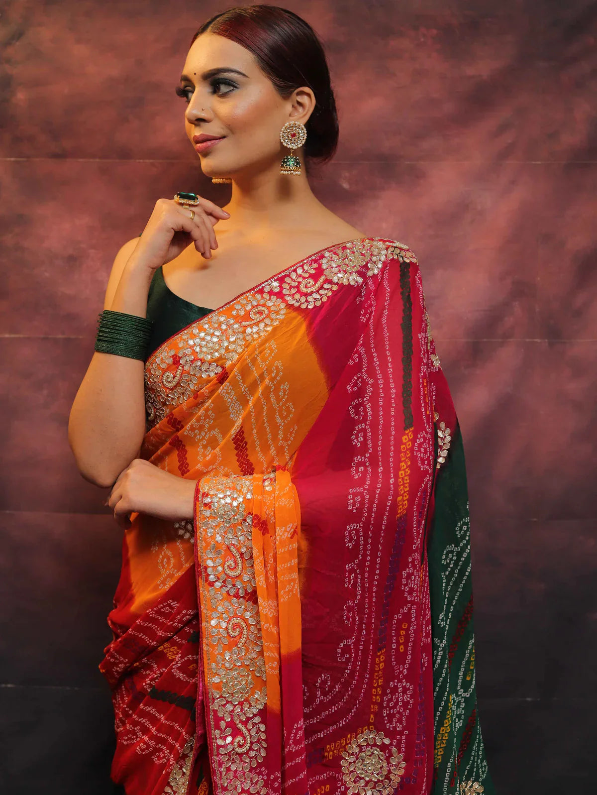 A Symphony of Colors and Craftsmanship: The Chiffon Bandhej Saree with Gotapatti Zardozi Work