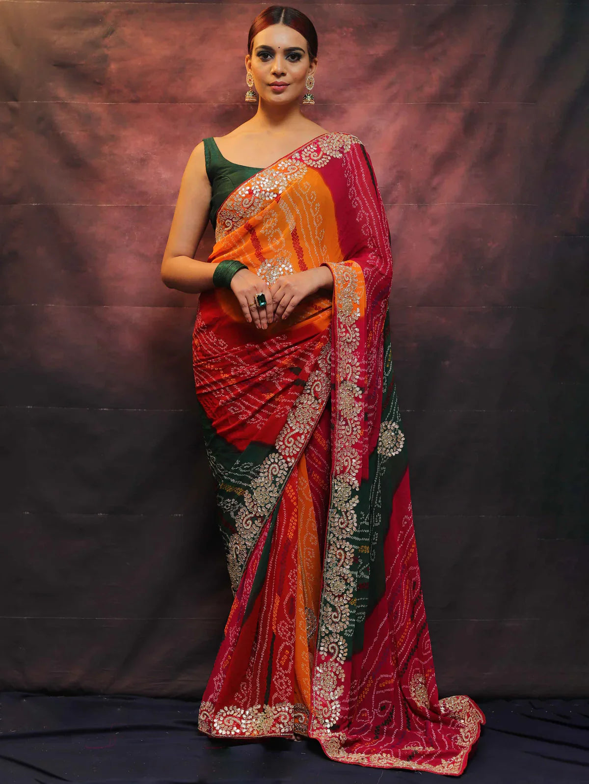 A Symphony of Colors and Craftsmanship: The Chiffon Bandhej Saree with Gotapatti Zardozi Work