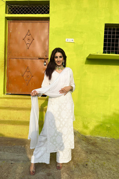 Inaayat Premium Three-Piece Modal Set - White Designer Kurti, Plazo, and Dupatta