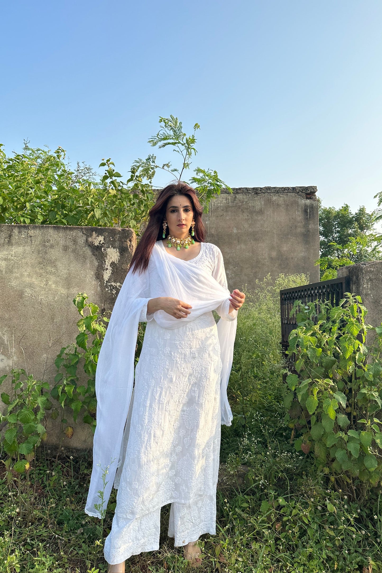 Inaayat Premium Three-Piece Modal Set - White Designer Kurti, Plazo, and Dupatta