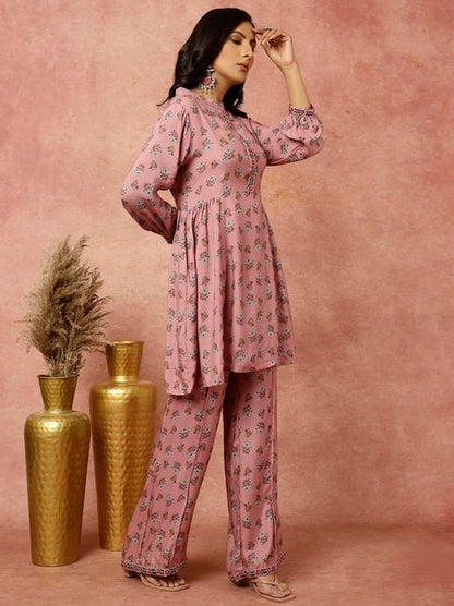 ROSE ETHNIC PRINTED GATHERED KURTA WITH PALAZZO CO-ORD SET