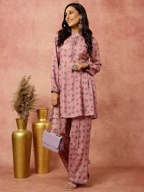 ROSE ETHNIC PRINTED GATHERED KURTA WITH PALAZZO CO-ORD SET