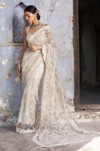 Cream Saree And Blouse Net Embroidered Bead Leaf Neck Abstract With