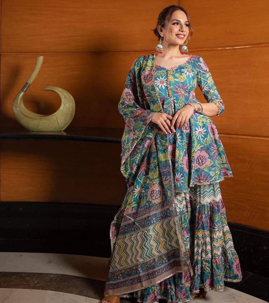 Amazing Sky blue Color Party Wear Digitel Print Sharara Suit