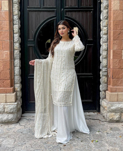 White Sequence Work Palazzo Salwar Suit