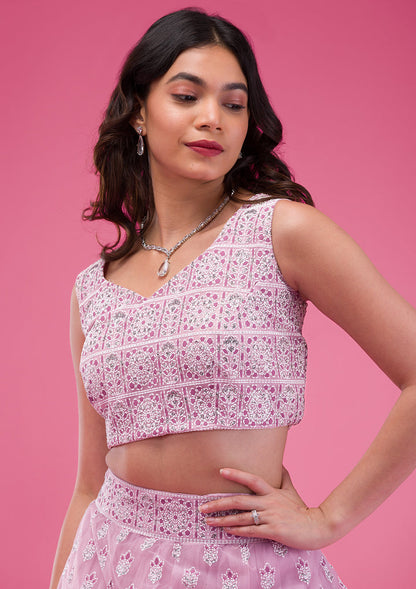 Pink Print Net Readymade Lehenga