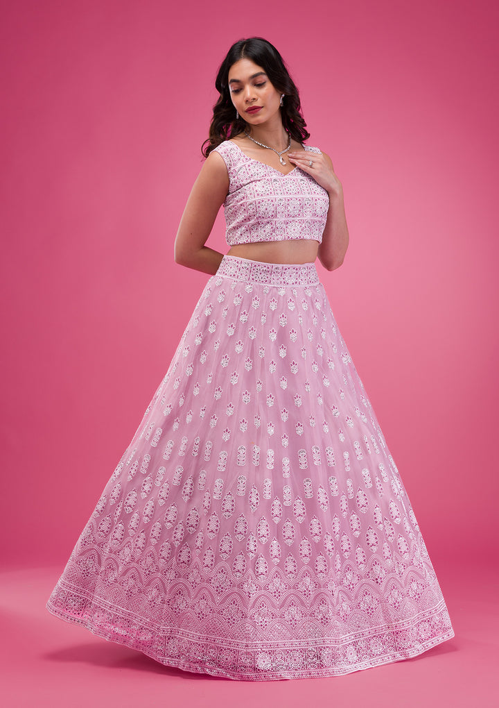 Pink Print Net Readymade Lehenga