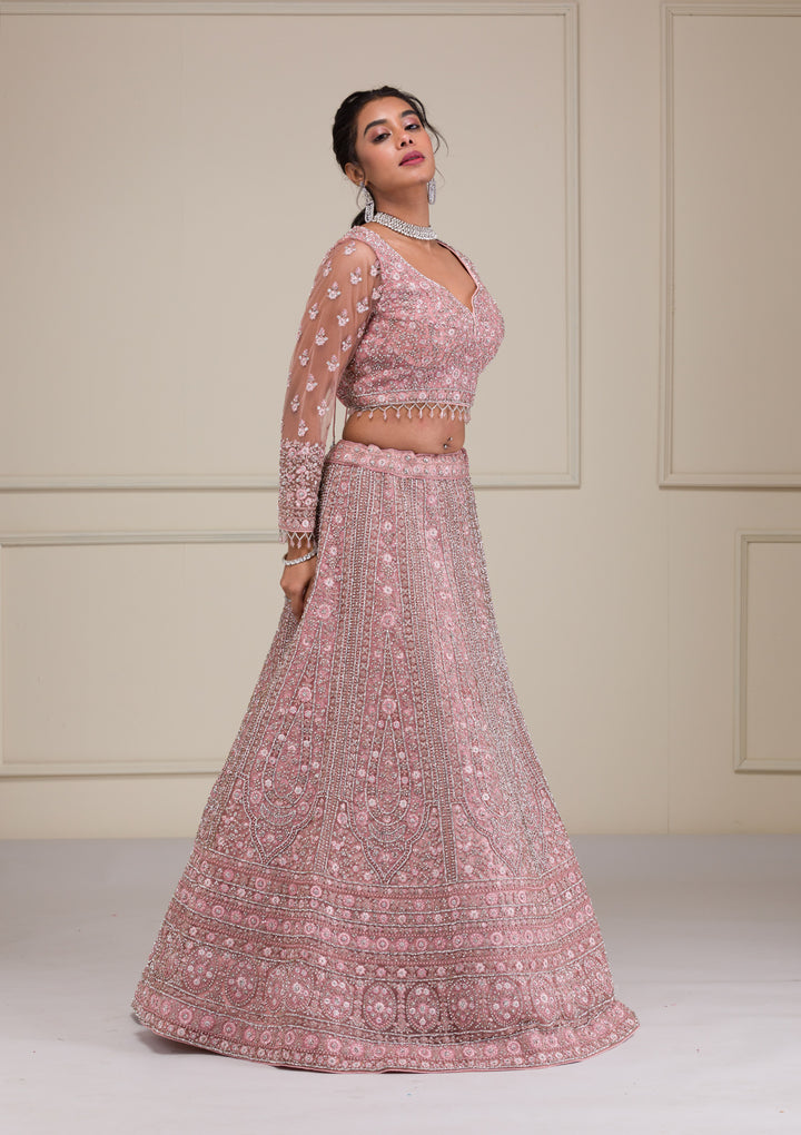 Pink Stonework Net Readymade Lehenga