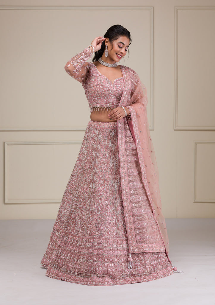 Pink Stonework Net Readymade Lehenga