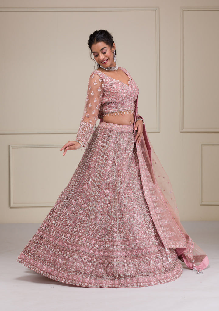 Pink Stonework Net Readymade Lehenga