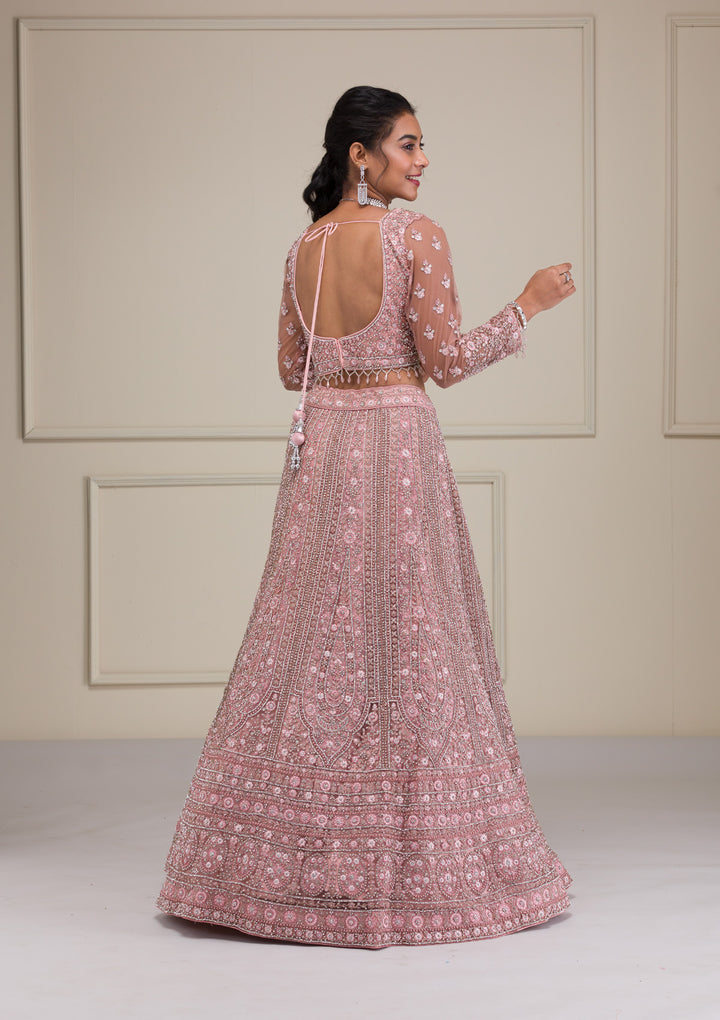 Pink Stonework Net Readymade Lehenga