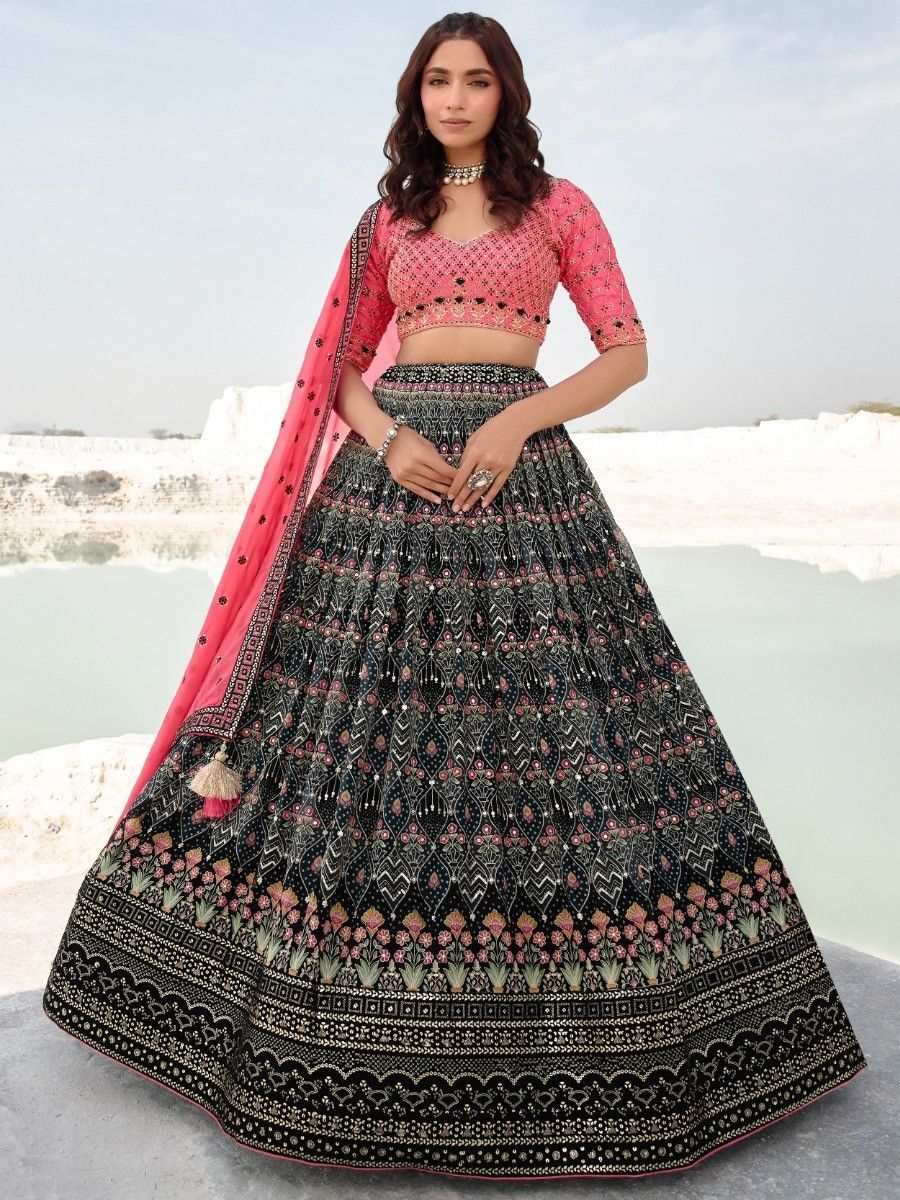 Outstanding Black Sequins Georgette Lehenga Choli With Dupatta