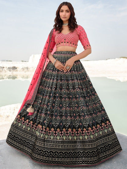 Outstanding Black Sequins Georgette Lehenga Choli With Dupatta