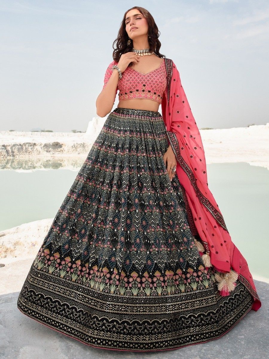 Outstanding Black Sequins Georgette Lehenga Choli With Dupatta