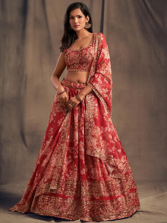 Bloom with Elegance: Red Lehenga Choli with a Flourishing Floral Design