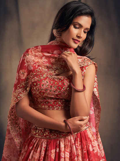 Bloom with Elegance: Red Lehenga Choli with a Flourishing Floral Design