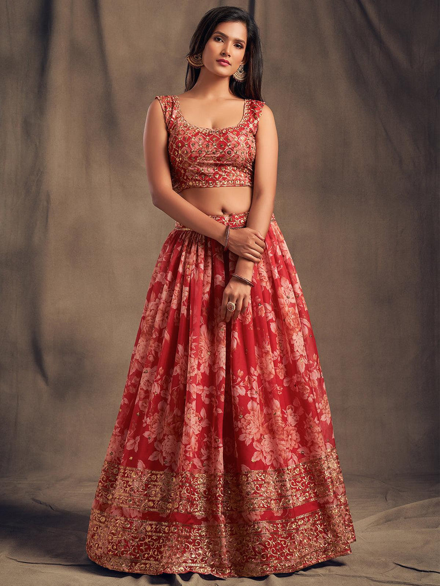 Bloom with Elegance: Red Lehenga Choli with a Flourishing Floral Design