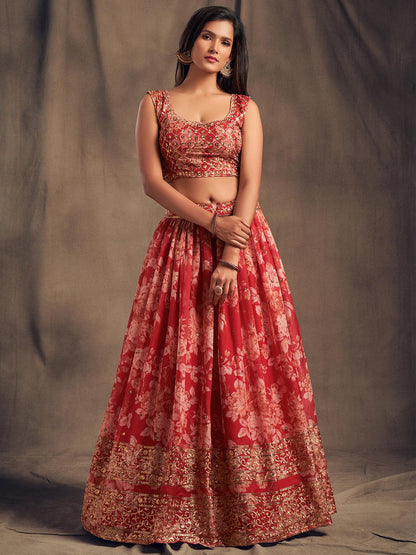 Bloom with Elegance: Red Lehenga Choli with a Flourishing Floral Design