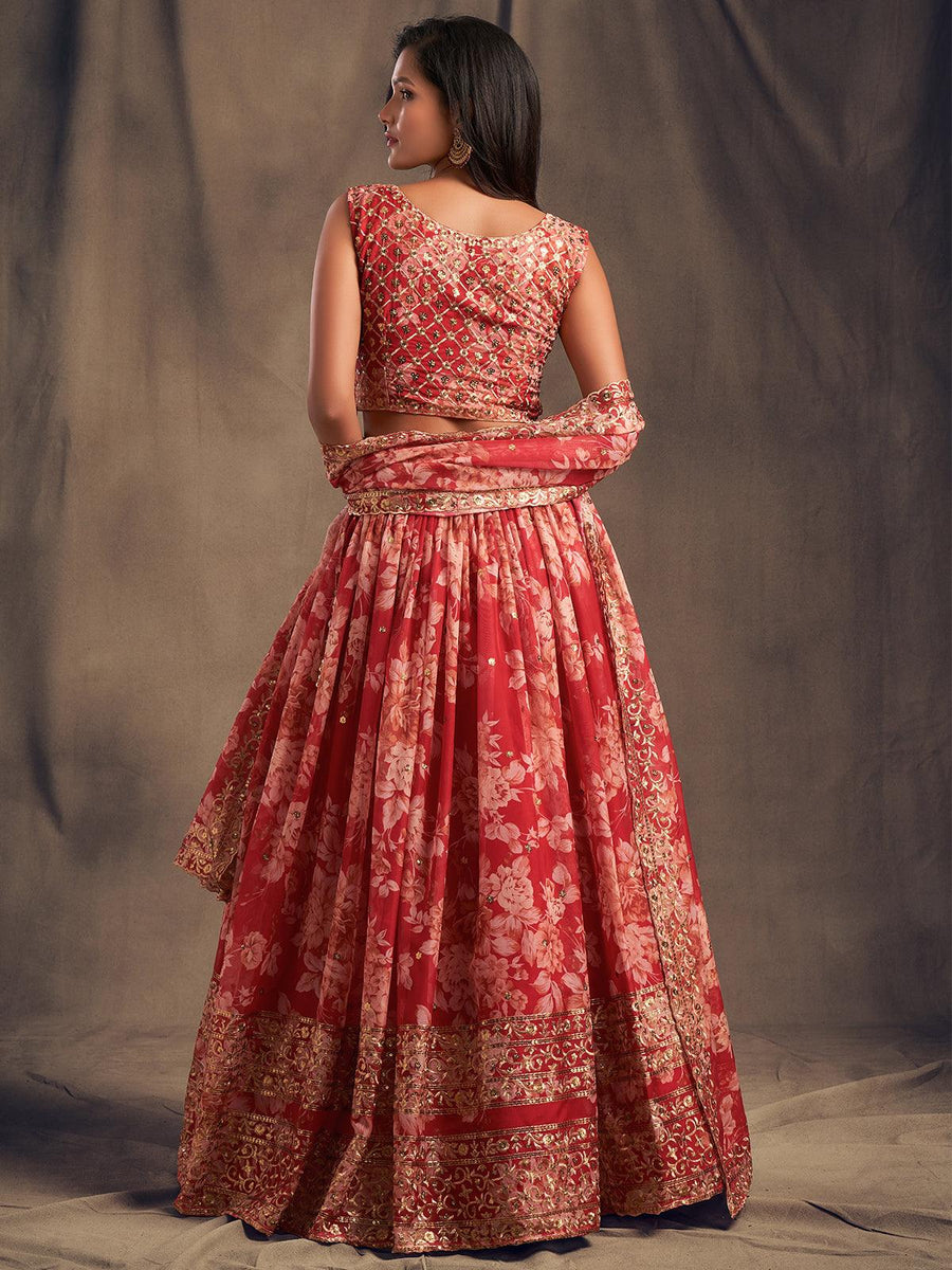 Bloom with Elegance: Red Lehenga Choli with a Flourishing Floral Design