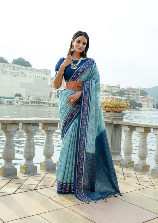 Light and Breezy: Sky Blue Tussar Silk Saree with Zari Work