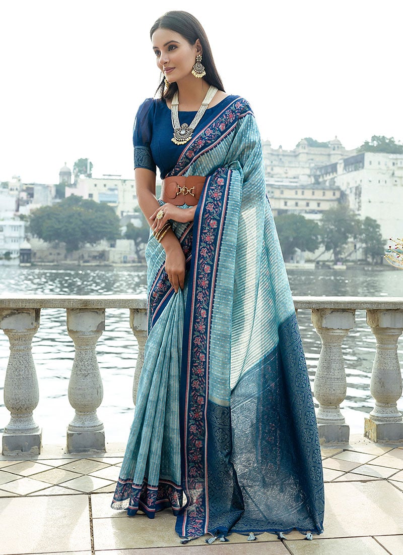 Light and Breezy: Sky Blue Tussar Silk Saree with Zari Work