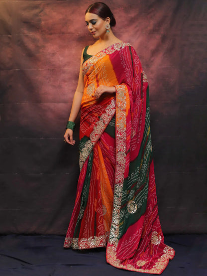 A Symphony of Colors and Craftsmanship: The Chiffon Bandhej Saree with Gotapatti Zardozi Work